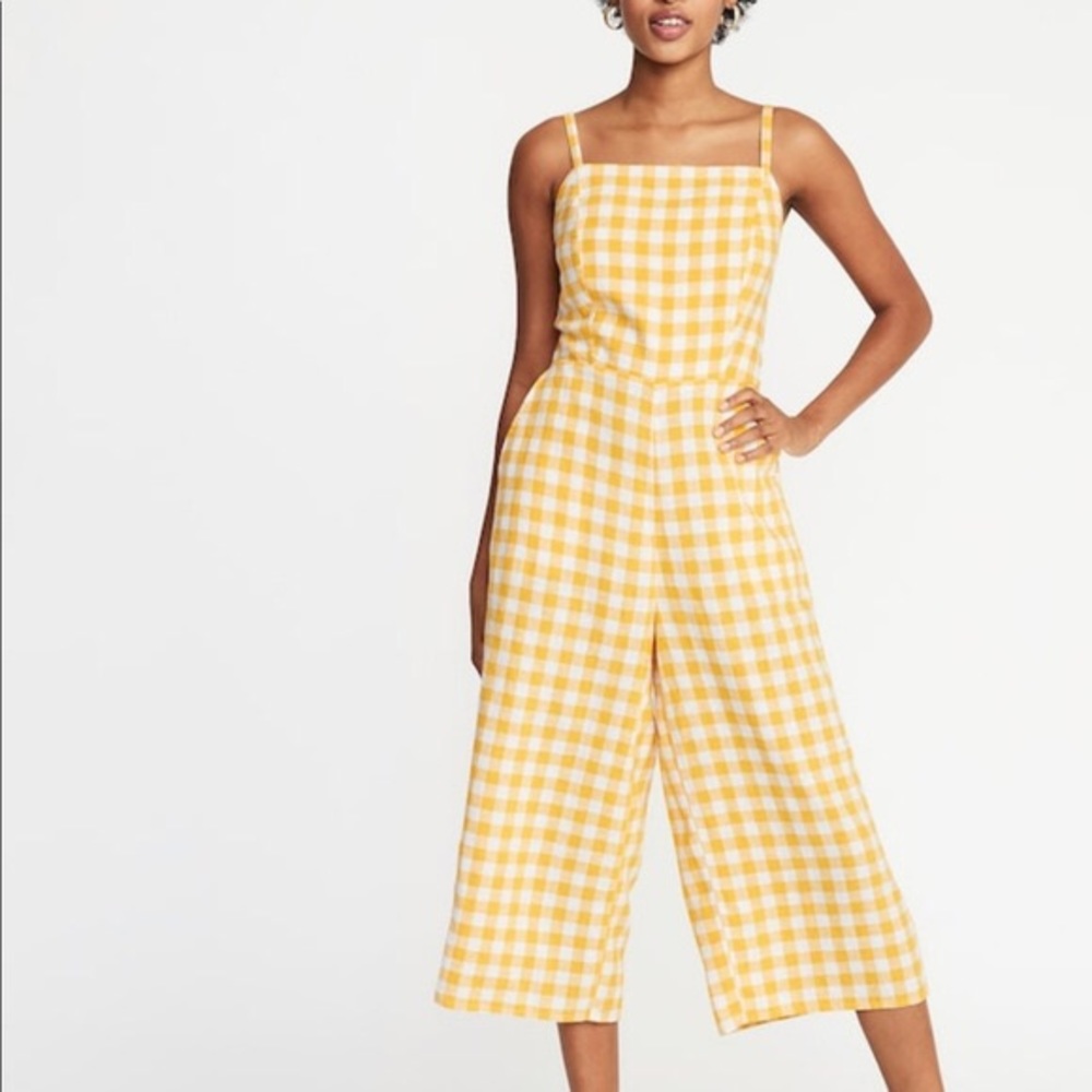 old navy yellow and white gingham jumpsuit
